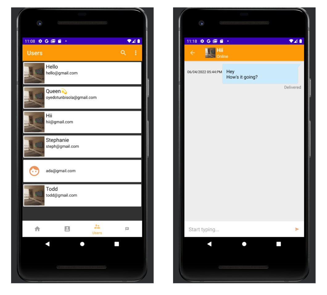 Two Android screens from the Let's Connect messaging app